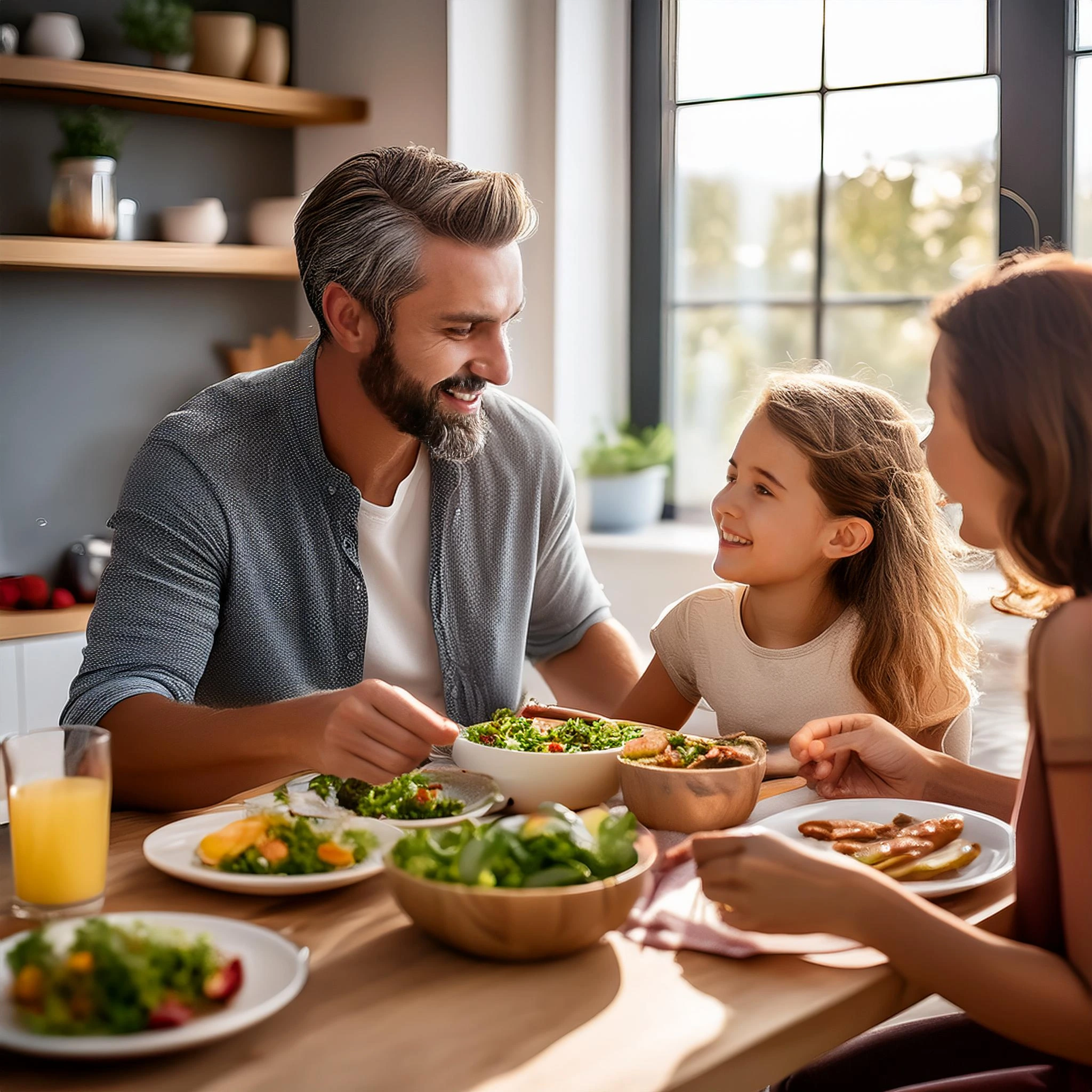 Family enjoying a healthy meal together, prioritizing wellness and nutrition.