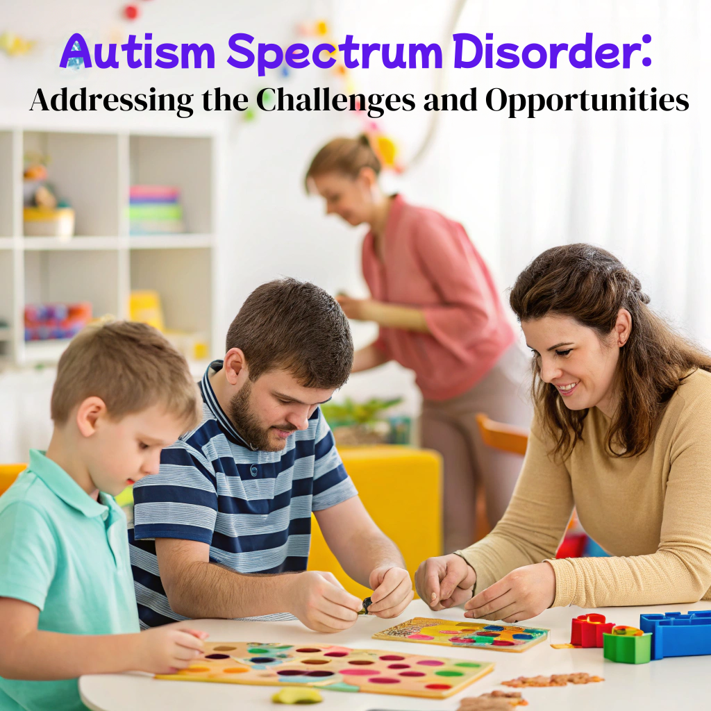 A teacher and a therapist work with two children at a table in a colorful playroom. They are engaging in activities with sensory and educational materials, such as puzzles and colorful blocks.