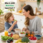 A mother and her young child are sitting at a table in a bright, cozy kitchen, sharing a healthy meal. The table is filled with colorful fruits, vegetables, and grains, while the child is smiling and eating a piece of lettuce. A speech bubble in the image reads, "Why is child nutrition important?