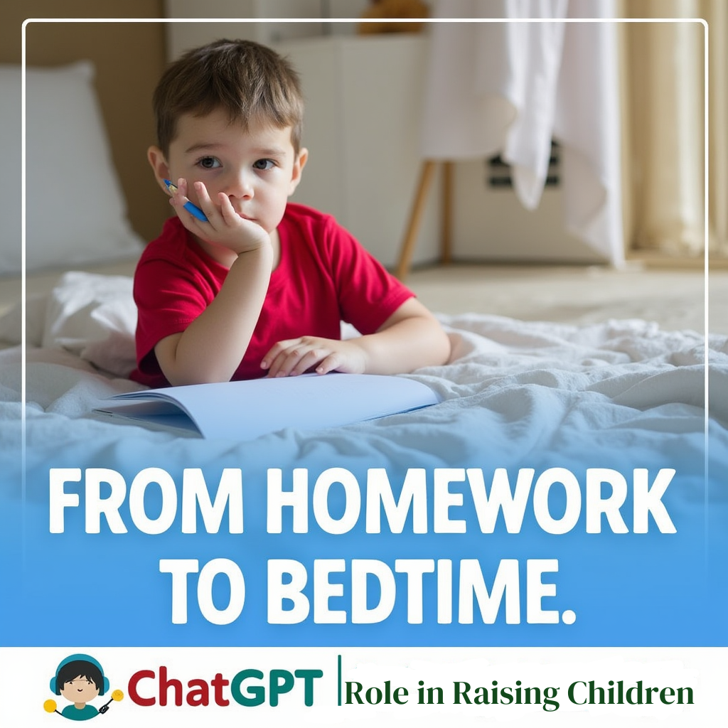 A young boy in a red shirt lies on a bed, holding a pencil in his hand while appearing thoughtful. An open notebook rests in front of him. The image features a text overlay that reads, "From Homework to Bedtime." A logo at the bottom says "ChatGPT Role in Raising Children.