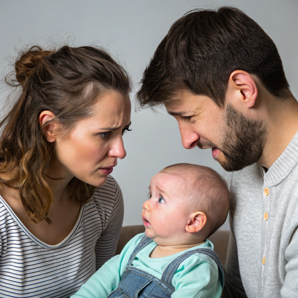 A worried mother and father intensely staring at each other while holding a baby who looks confused and startled. The parents' facial expressions convey tension, while the baby appears caught in the emotional atmosphere.