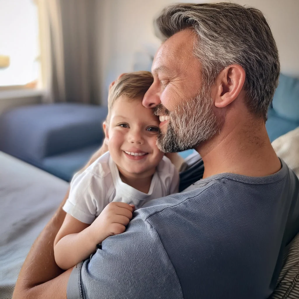 A father with a salt-and-pepper beard embraces his smiling young son, sharing a warm, joyful moment together on a couch in a softly lit living room.