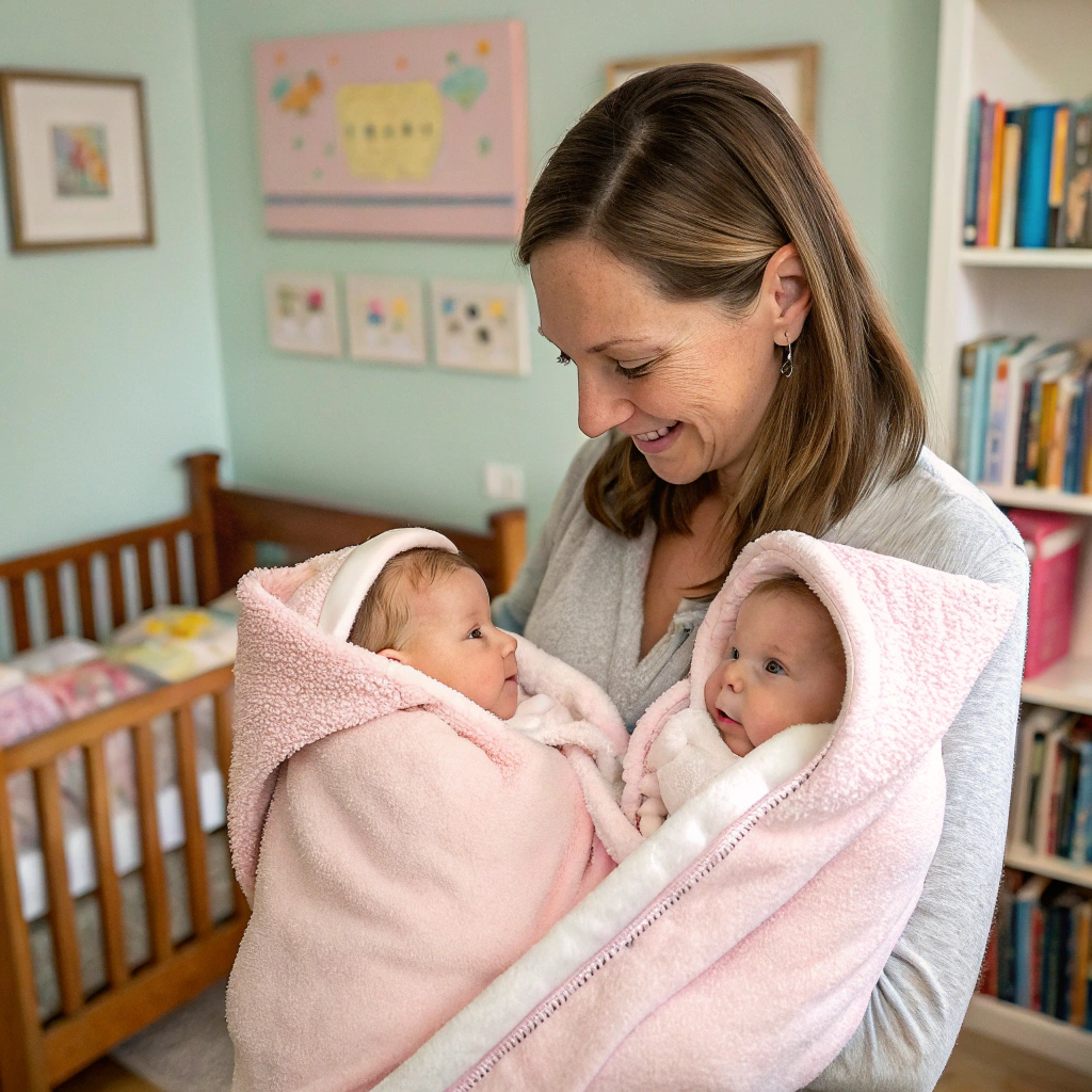 A mother holding twin babies wrapped in pink blankets, smiling and looking lovingly at them in a cozy nursery