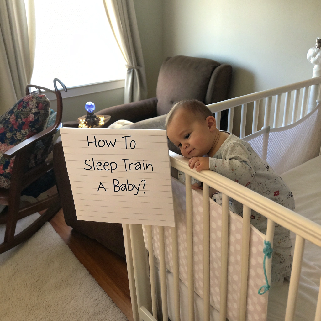 A curious baby leaning over the crib, looking at a sign that reads, "How to Sleep Train a Baby?"