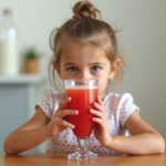 A child holding a sugary soft drink with an expression of concern, symbolizing the impact of soft drinks on children's health.