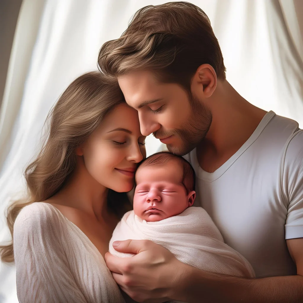 A serene photo of a loving couple holding their newborn baby. The parents gently cradle the infant wrapped in a soft white blanket, with peaceful and affectionate expressions.