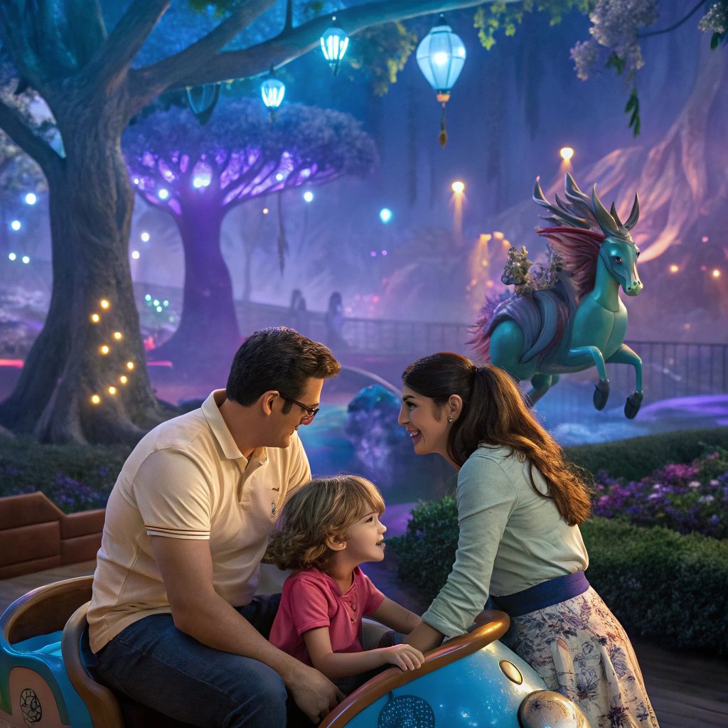 A family enjoying a whimsical ride in a fantastical world, with glowing trees, colorful lanterns, and a magical unicorn-like creature in the background. The parents smile warmly at their young child, who is seated between them on the ride.