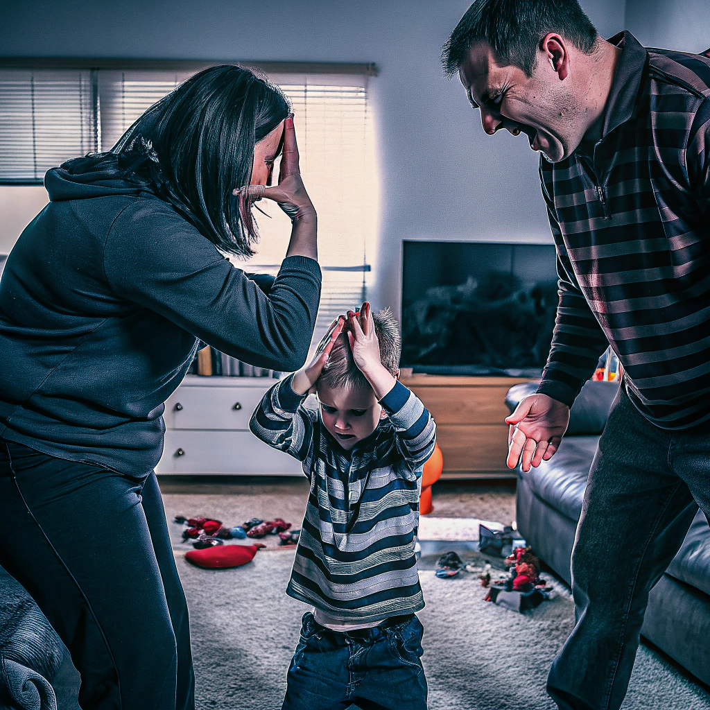 A tense family scene where a child covers his head with his hands, while an adult man shouts at him and a woman reacts with visible frustration, holding her face in her hand. Toys and clutter are scattered on the floor in the background.