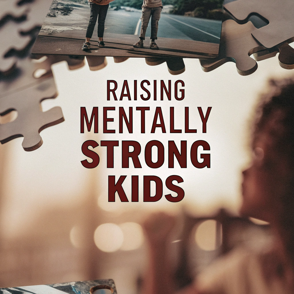 A blurred photo of a child in the foreground, with puzzle pieces scattered in the background and a photo of two kids holding hands on a road. The bold title reads: "Raising Mentally Strong Kids" in red and white text.