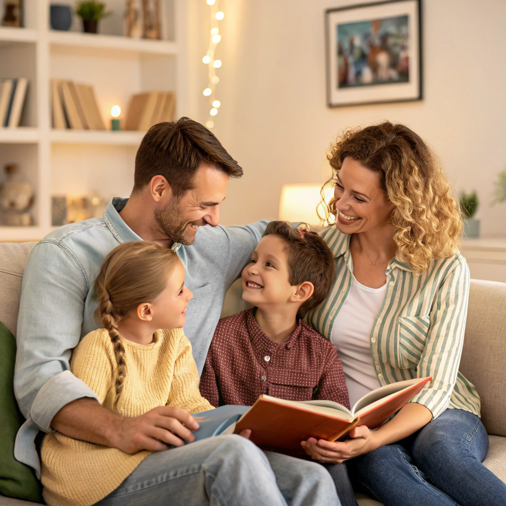 A happy family sitting on a cozy couch, with parents and two children smiling and reading a book together in a warmly lit living room.