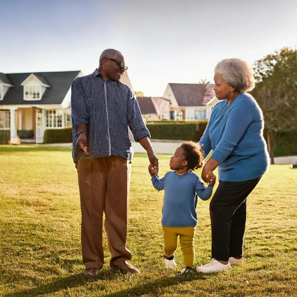 A cheerful young child walks hand in hand with their grandparents on a sunny day, standing in front of cozy suburban homes.