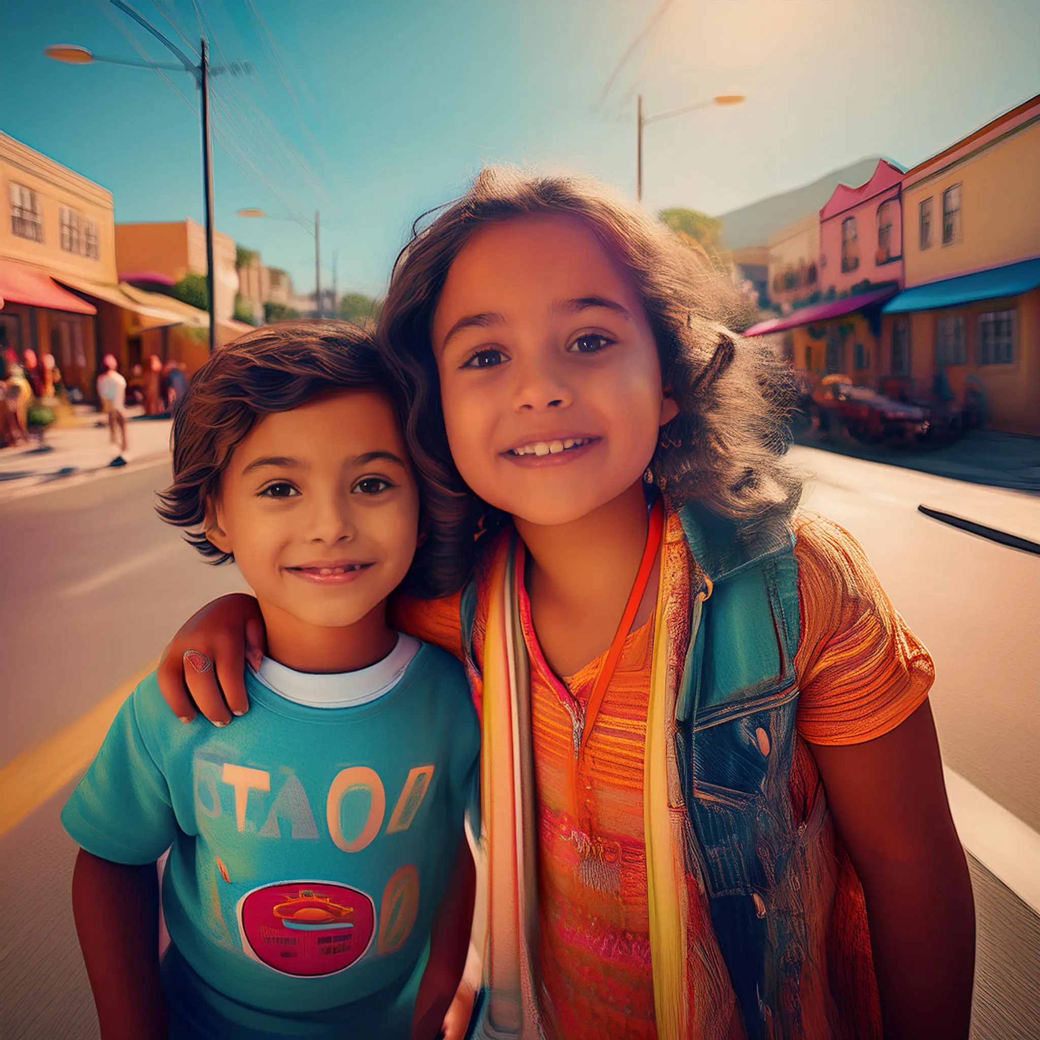 Two smiling children pose together on a vibrant city street, with colorful buildings and a bright, sunny sky in the background. The child on the left wears a light blue shirt, while the one on the right is dressed in an orange top and denim vest.