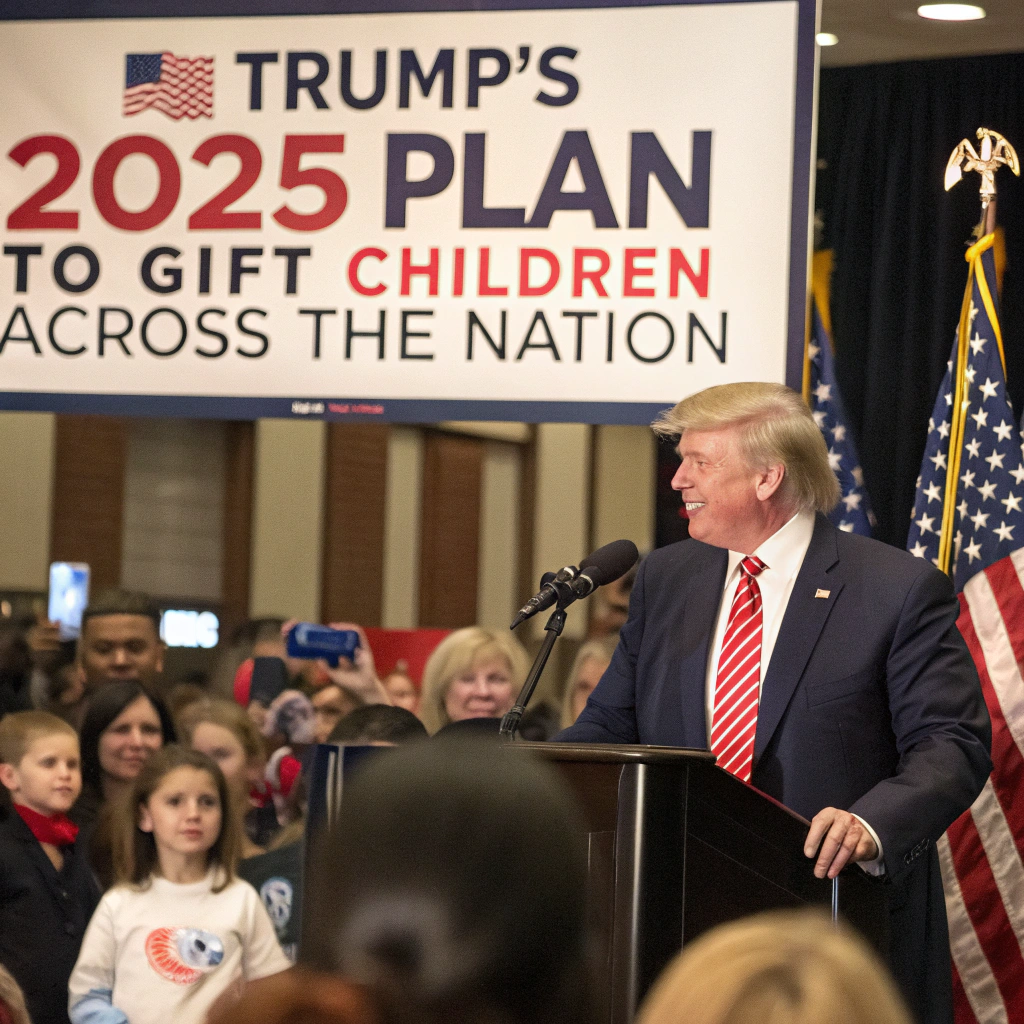 Donald Trump speaking at an event with a sign behind him that reads 'Trump's 2025 Plan to Gift Children Across the Nation,' surrounded by supporters including children.