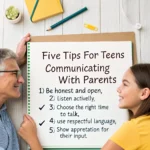 A smiling teen girl and an older adult holding up a whiteboard with "Five Tips for Teens Communicating with Parents"