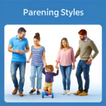 A group of adults representing different parenting styles, interacting with a young child in various ways, set against a light background with the title "Parenting Styles" at the top in blue.