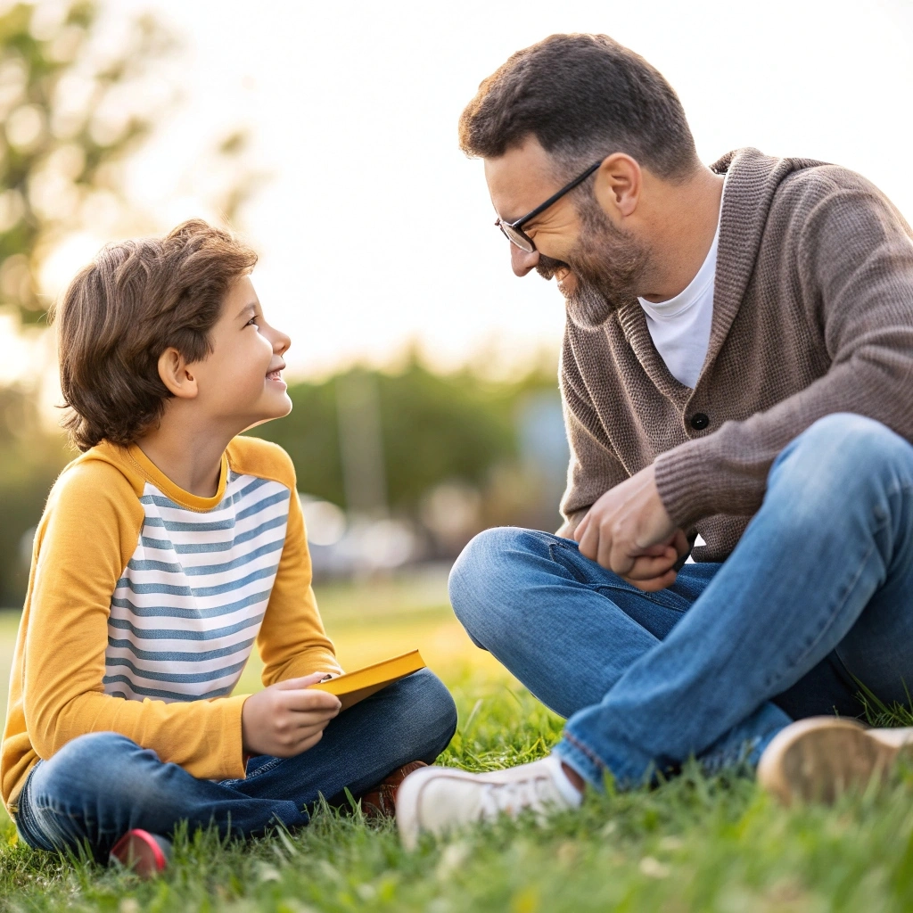 A father and son sitting on the grass outdoors, smiling and talking. The father, wearing a brown cardigan and jeans, leans toward the boy, who is holding a book and wearing a yellow and striped shirt.