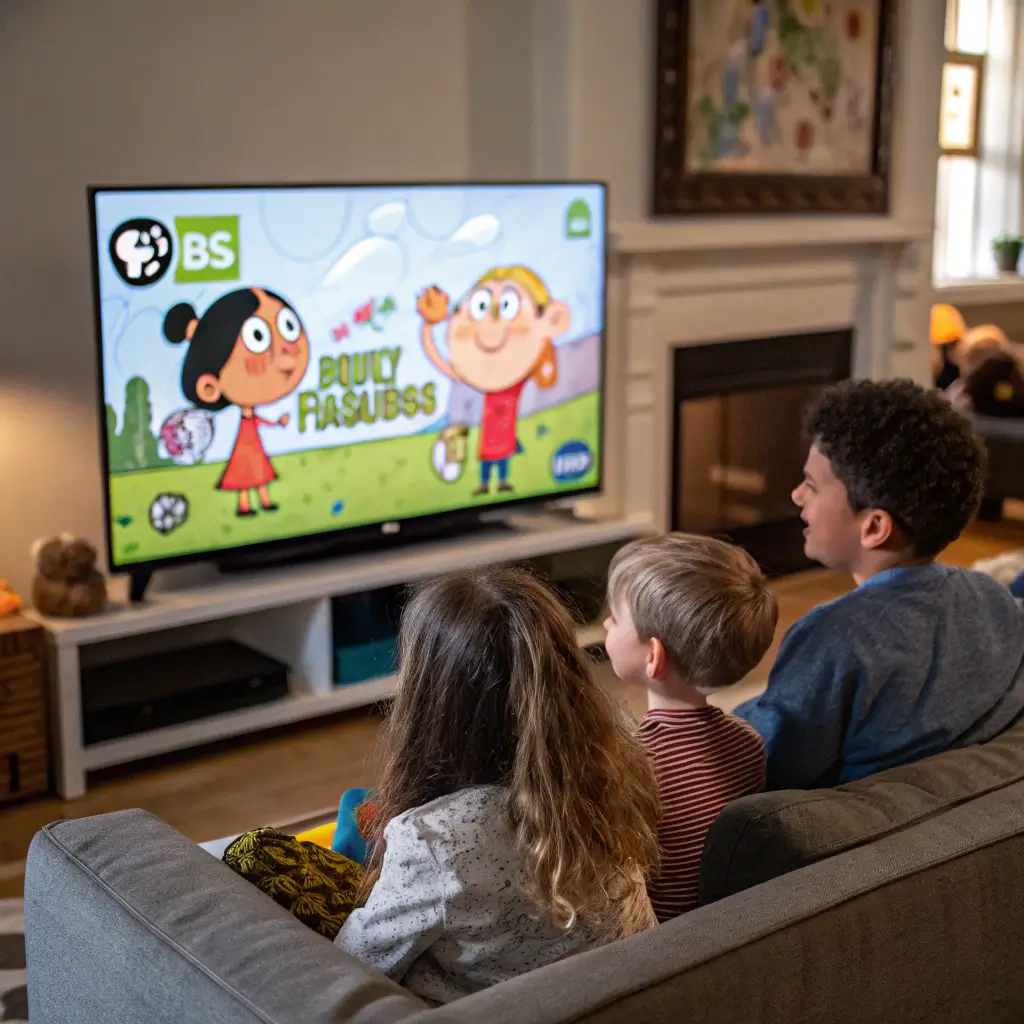 Three children sitting on a gray couch watching a cartoon show on a large TV in a cozy living room, with a PBS Kids logo visible on the screen.