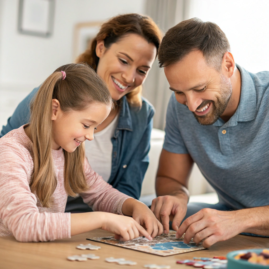 A happy family of three—parents and their young daughter—engaged in assembling a puzzle together at a table, smiling and enjoying the activity.