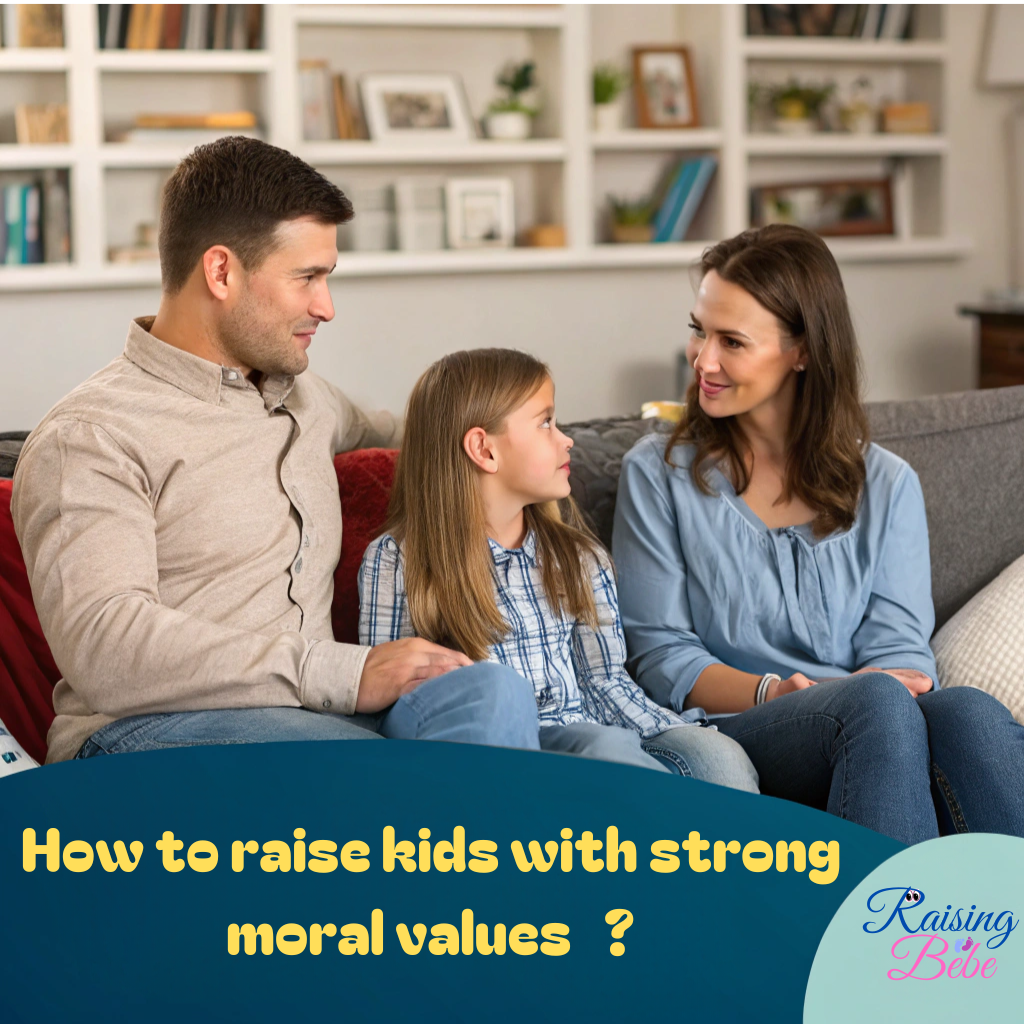 A family sitting on a couch having a heartfelt conversation. The father and mother are attentively looking at their young daughter, who is engaging with them in a serious discussion. The living room background includes bookshelves, plants, and family photos. A caption at the bottom of the image reads, "How to raise kids with strong moral values.