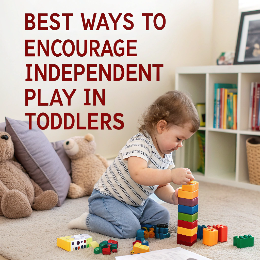 A toddler sitting on the floor playing independently with colorful building blocks. The background features a cozy room with teddy bears, a bookshelf, and neatly organized toys.