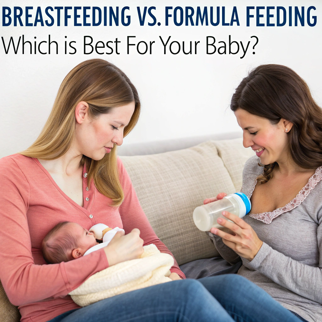 A mother breastfeeding her baby while another woman sits beside her, smiling and holding a bottle of formula. The text at the top of the image reads, "Breastfeeding vs. Formula Feeding: Which is Best for Your Baby