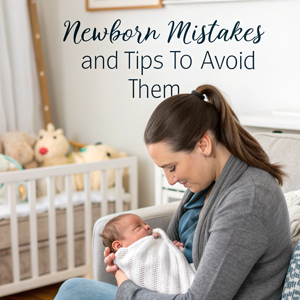 A mother with brown hair tied in a ponytail is sitting on a couch, gently cradling her newborn baby wrapped in a white knitted blanket. She looks down lovingly at the baby. In the background, there is a white crib with plush stuffed animals inside, placed against a light-colored nursery wall. The text on the image reads: "Newborn Mistakes and Tips to Avoid Them.