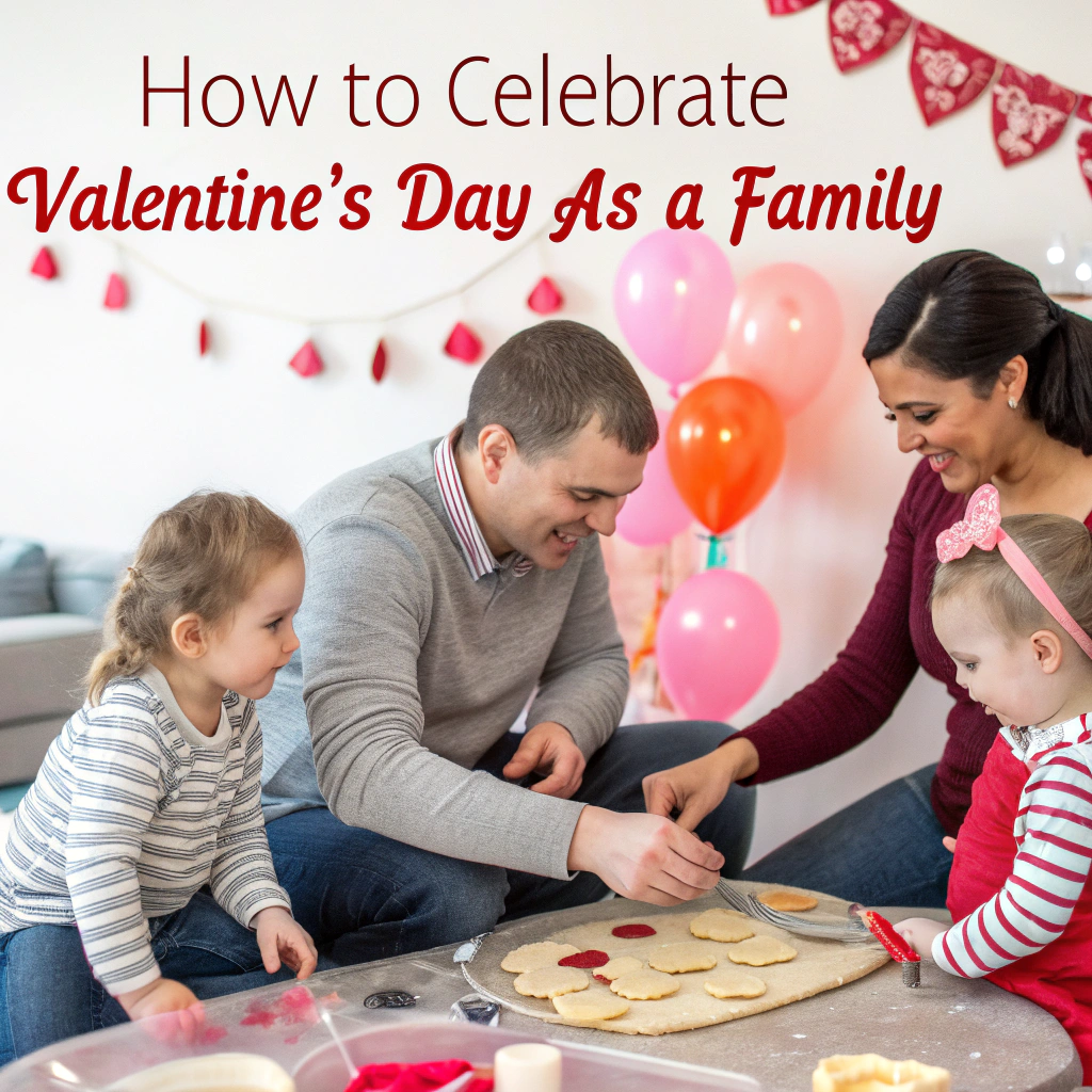 A happy family with young children celebrating Valentine's Day at home, sitting together, making crafts, and enjoying treats in a festive setting.