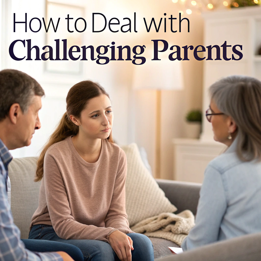 A young woman with a concerned expression sits on a couch between an older man and a woman with gray hair and glasses. They appear to be having a serious conversation in a cozy living room. The text "How to Deal with Challenging Parents" is displayed at the top.