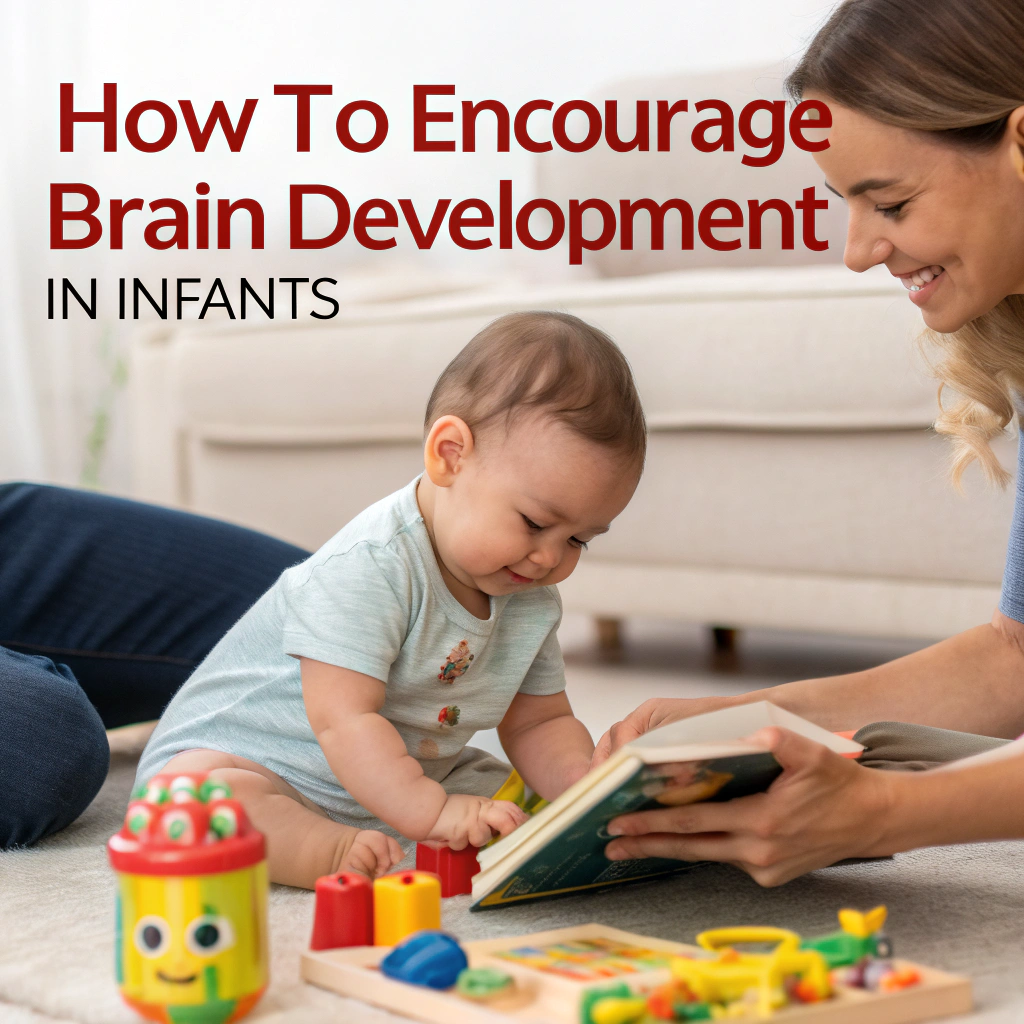 A smiling mother engages with her infant by reading a book and playing with colorful toys on the floor, encouraging early brain development.