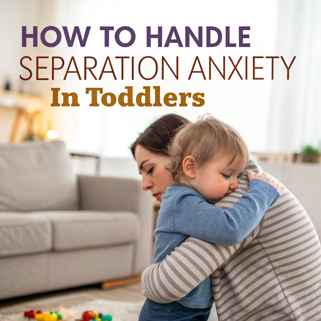 A toddler experiencing separation anxiety, clinging to a parent while in a daycare setting.