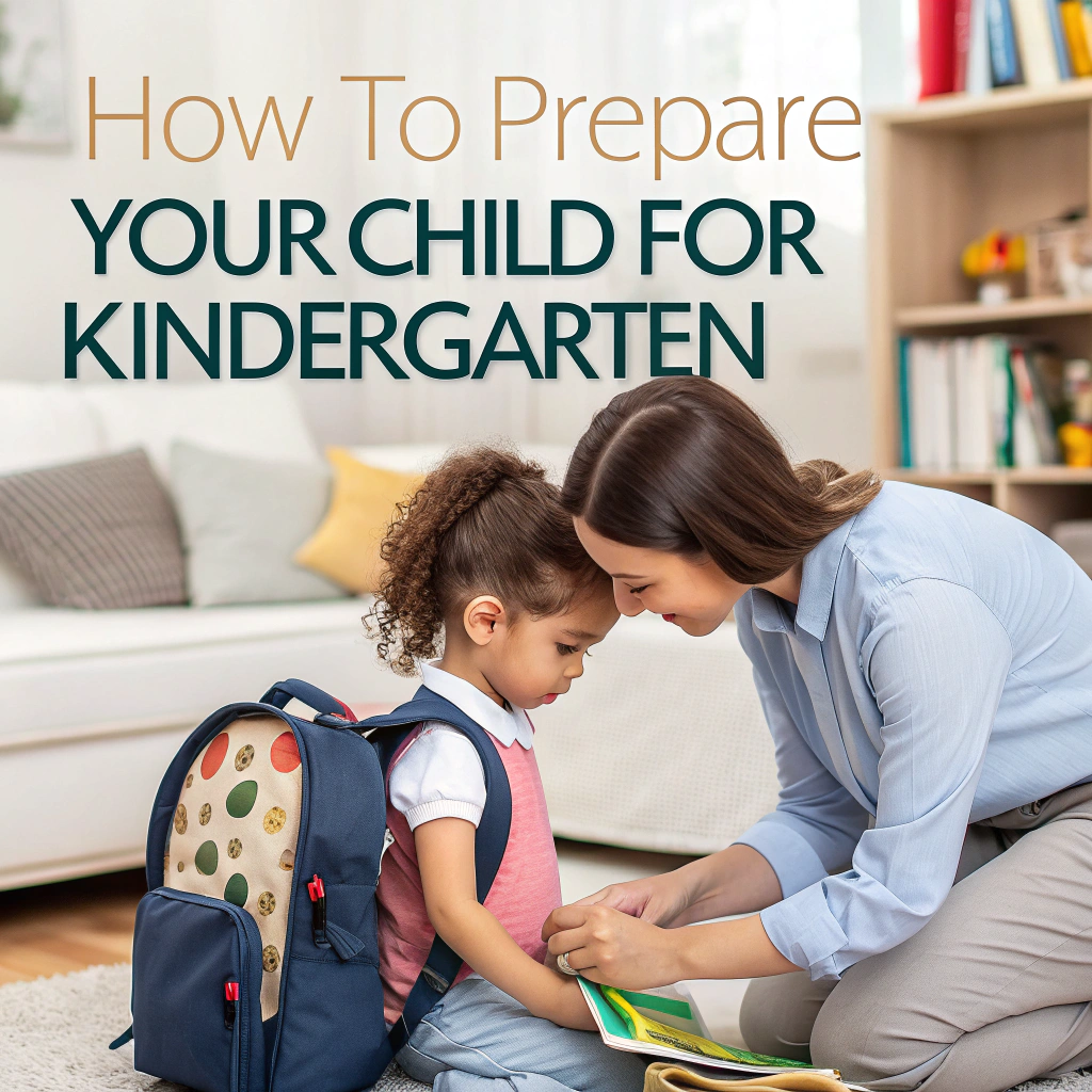 A parent and child discussing school preparations for kindergarten with a backpack and books nearby.