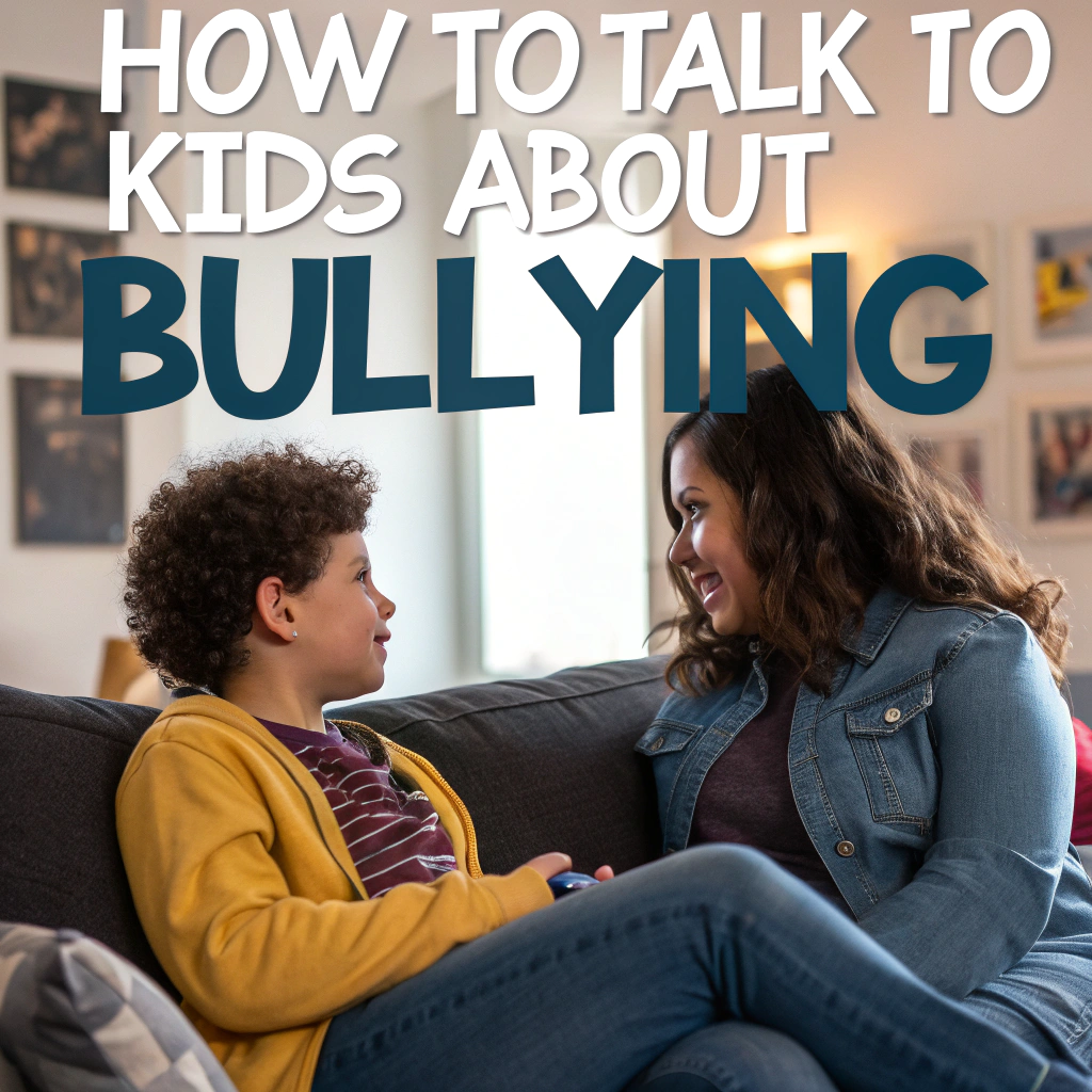 A parent having a calm, reassuring conversation with their child about bullying.