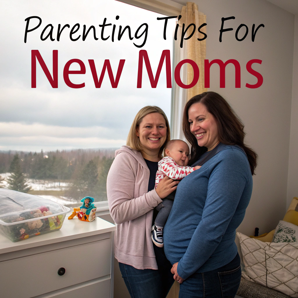 Two smiling mothers holding their baby in a cozy, well-lit room with a winter landscape visible through the window. The text "Parenting Tips for New Moms" is displayed above them.