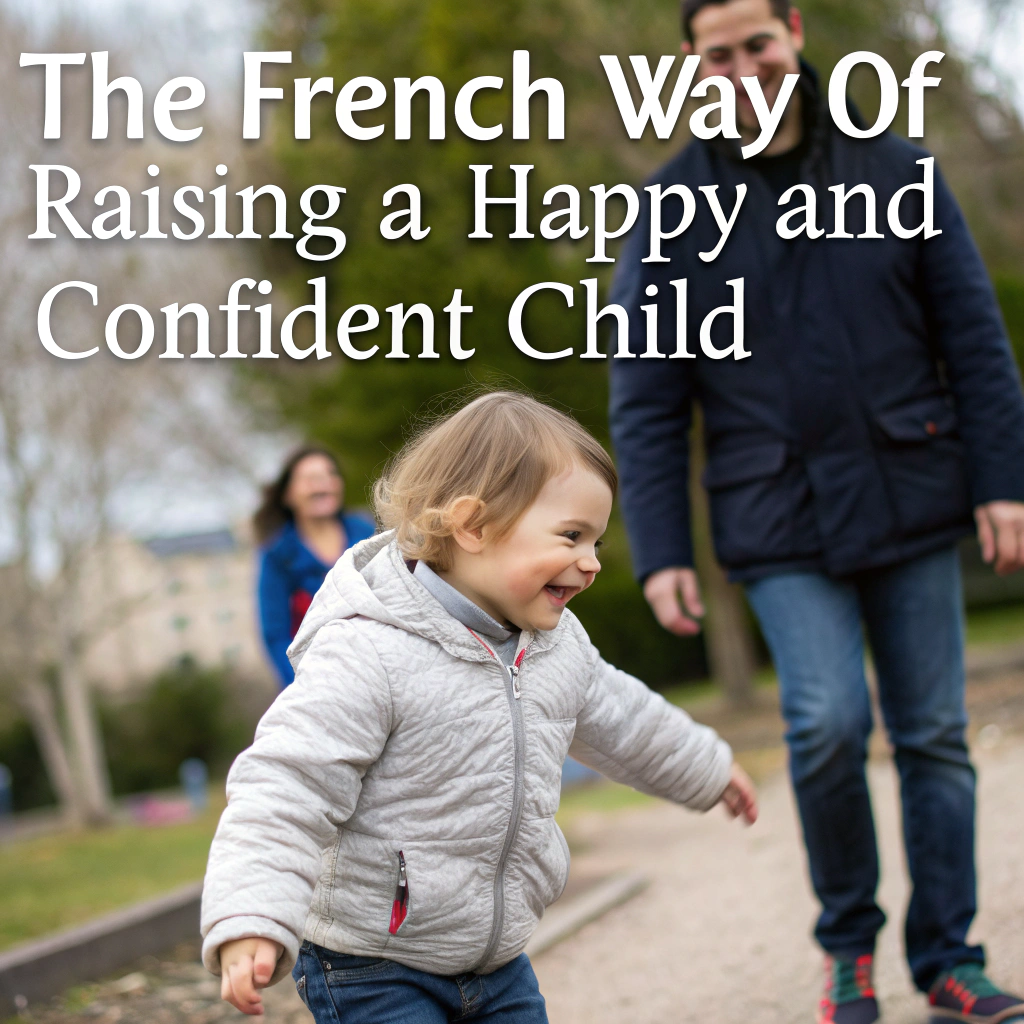 A happy toddler in a light gray jacket running outdoors with a big smile, followed by two adults, likely parents, in a park setting. The text overlay reads, "The French Way of Raising a Happy and Confident Child.