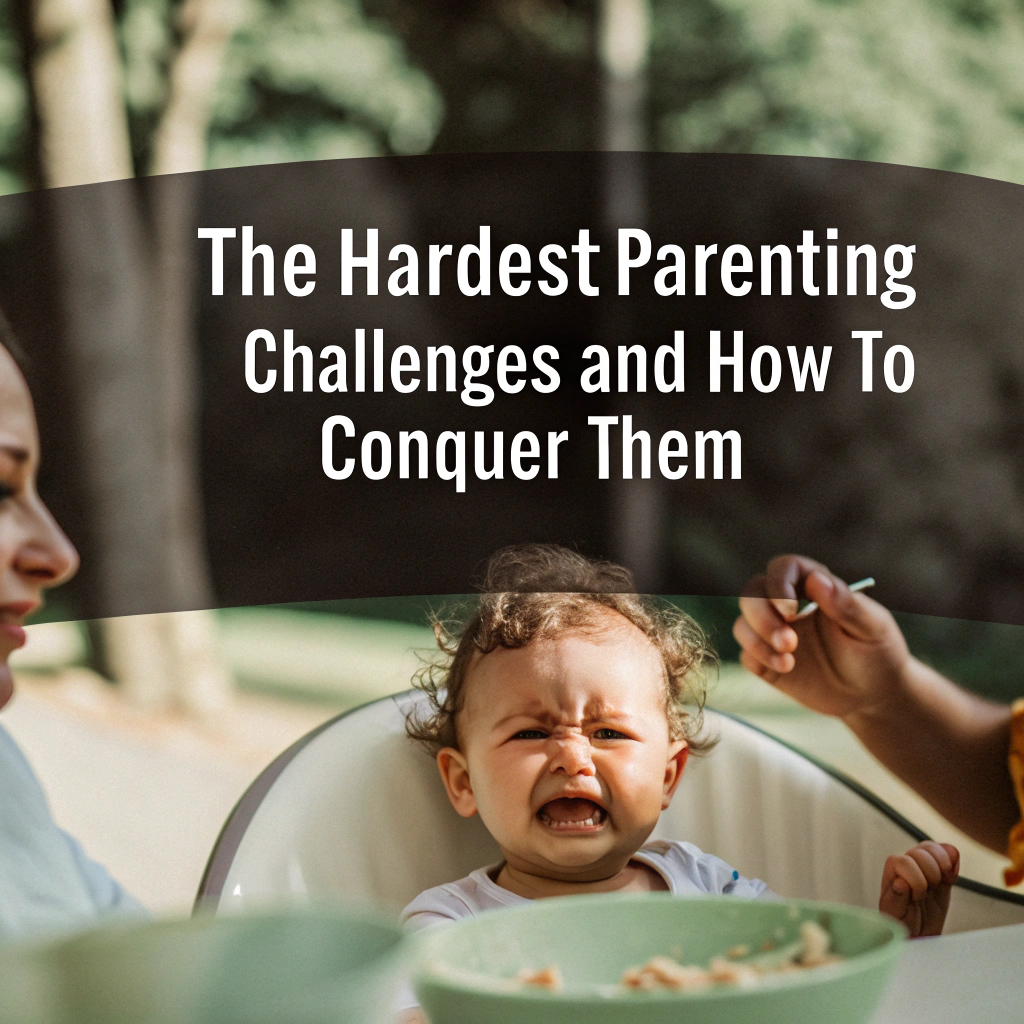 A crying baby in a high chair being fed by an adult, with two caregivers nearby. The text overlay reads: "The Hardest Parenting Challenges and How to Conquer Them.