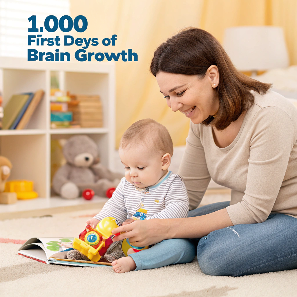 A smiling mother sits on the floor with her baby, engaging in play with a colorful toy while a book lies open in front of them. The background features a cozy nursery with stuffed animals and shelves. The text overlay reads, "1,000 First Days of Brain Growth.