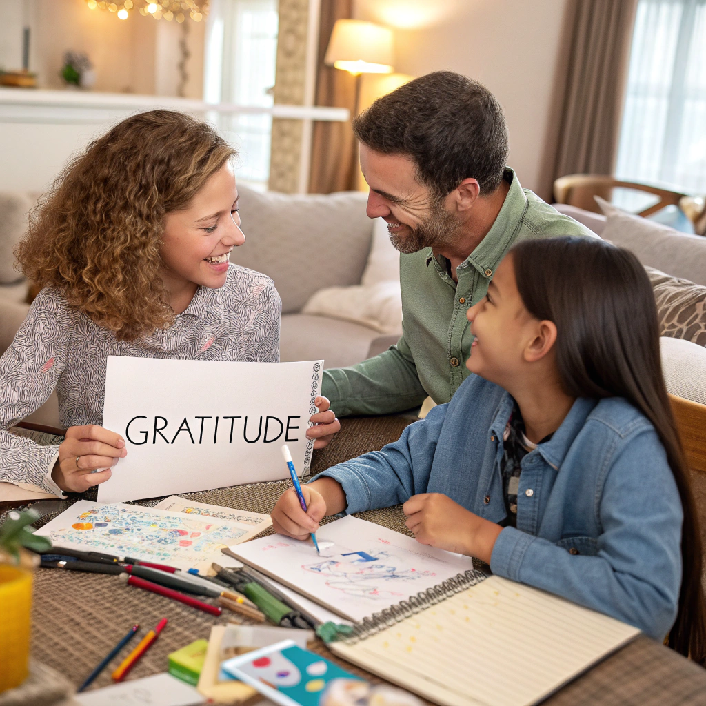 A cheerful family engaged in an activity at home. The mother holds a sign that reads "GRATITUDE," while the father and daughter smile and work on creative projects at a table filled with art supplies and colorful drawings.