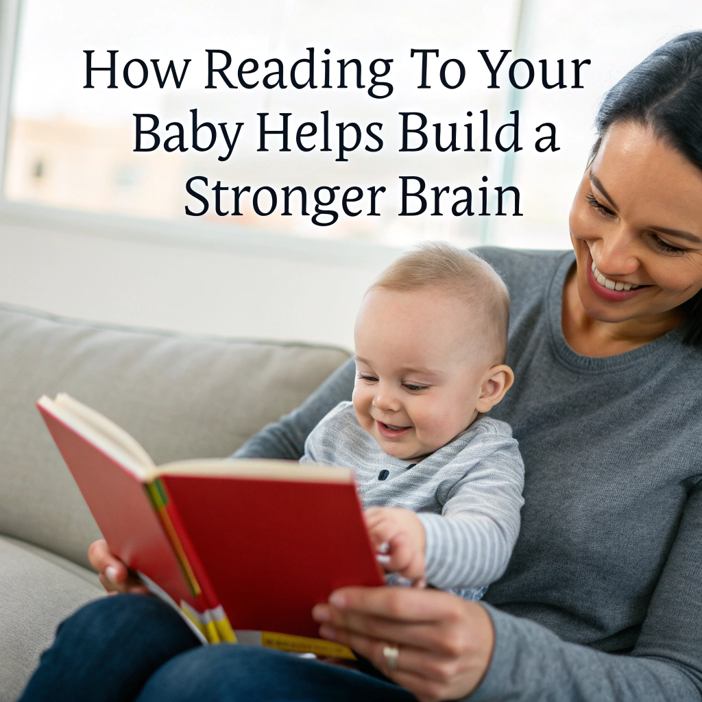 A smiling mother sitting on a couch, reading a red book to her happy baby, who is engaged and pointing at the book. The text on the image reads, "How Reading to Your Baby Helps Build a Stronger Brain.