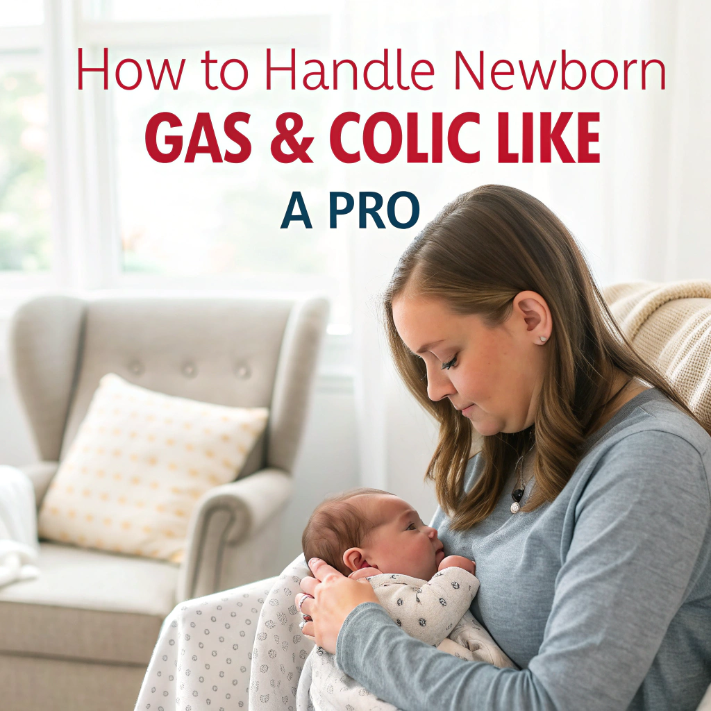 A mother in a cozy, well-lit nursery holds and soothes her newborn baby, who is wrapped in a soft blanket. She looks down lovingly at the baby, providing comfort. The image includes text that reads, "How to Handle Newborn Gas & Colic Like a Pro.