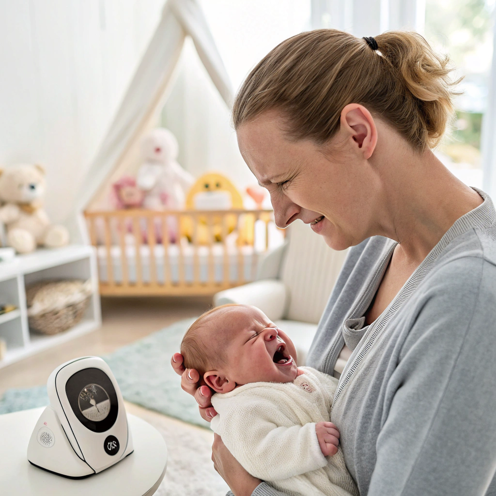 A mother holding a crying newborn baby in a nursery, looking distressed. A baby monitor is placed on a nearby table, and a crib with plush toys is visible in the background.